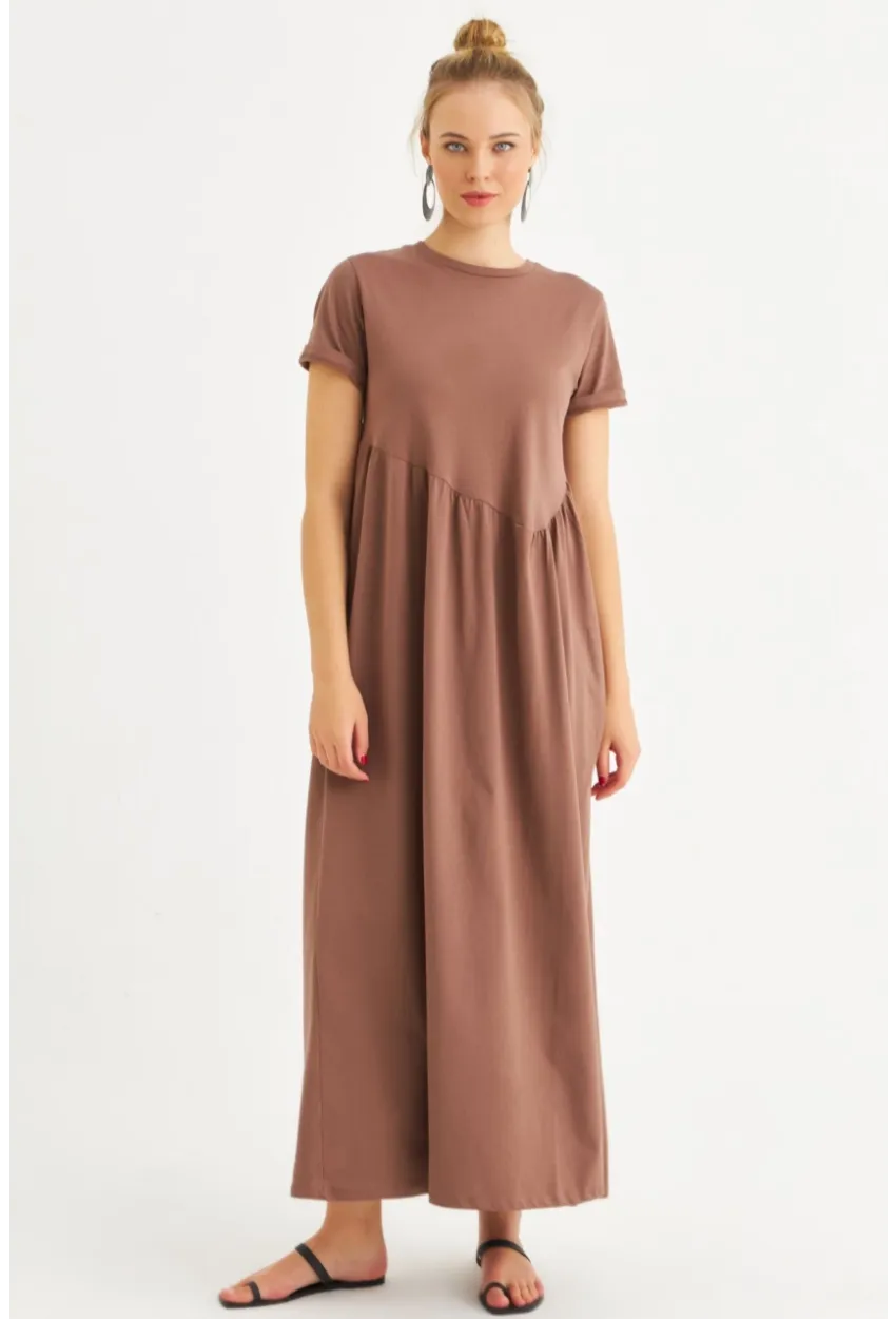 Kadın Sütlü Kahve Asimetrik Dikişli Maxi Elbise MDMR440