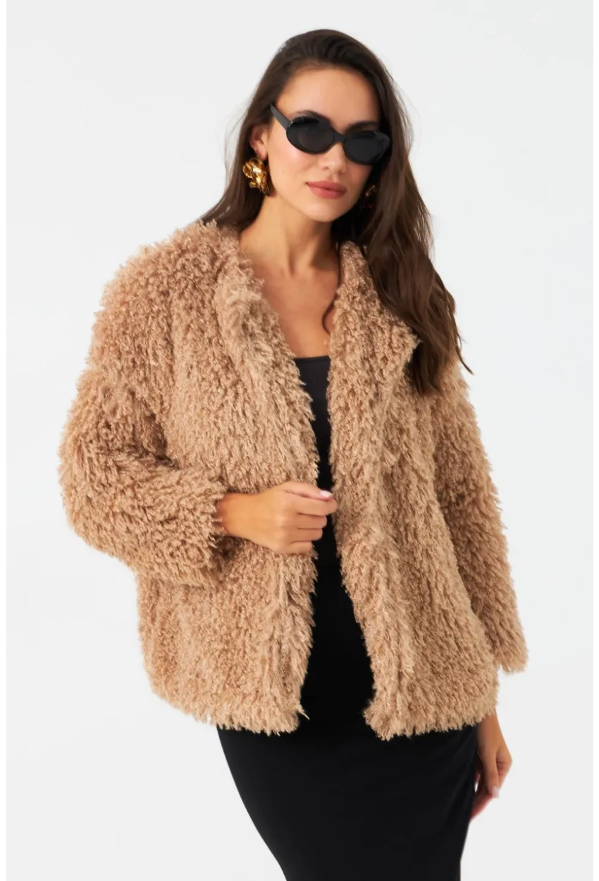 Kadın Sütlü Kahve Astarlı Peluş Kürk CO100