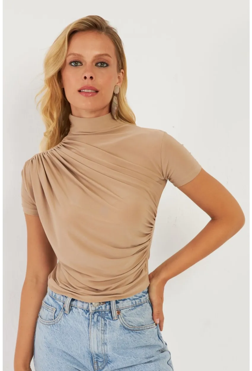 Kadın Sütlü Kahve Büzgülü Bluz LPP1287