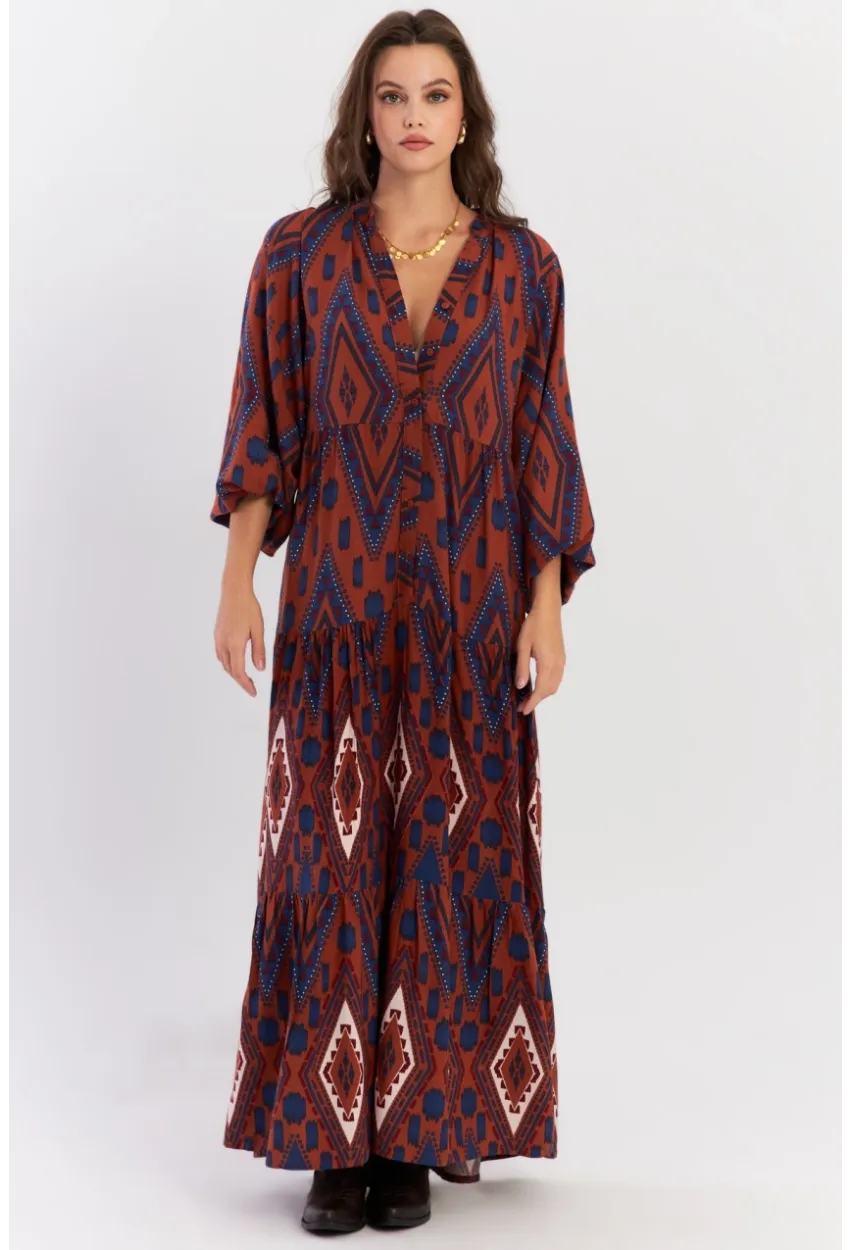 Kadın Taba Desenli Volanlı Maxi Dokuma Elbise ALO339