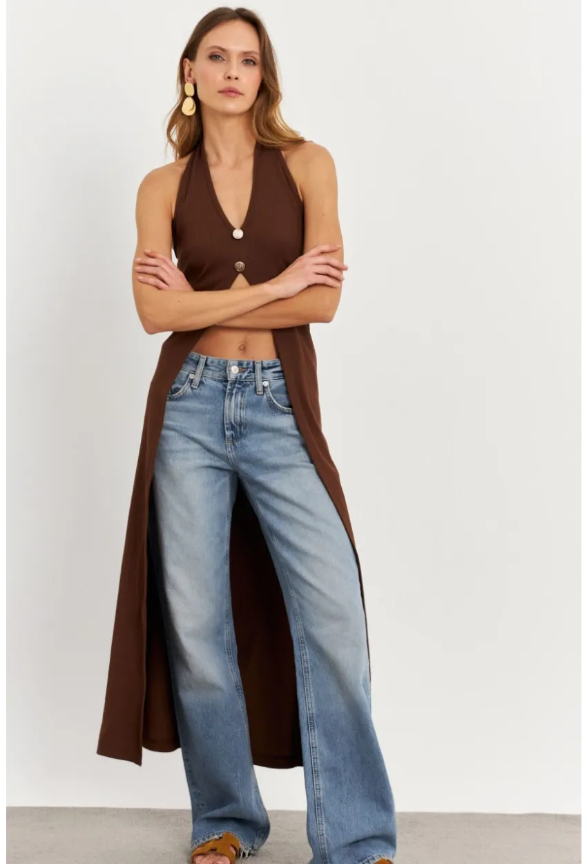 Kadın Taba Düğme Detaylı Uzun Yelek EY3048