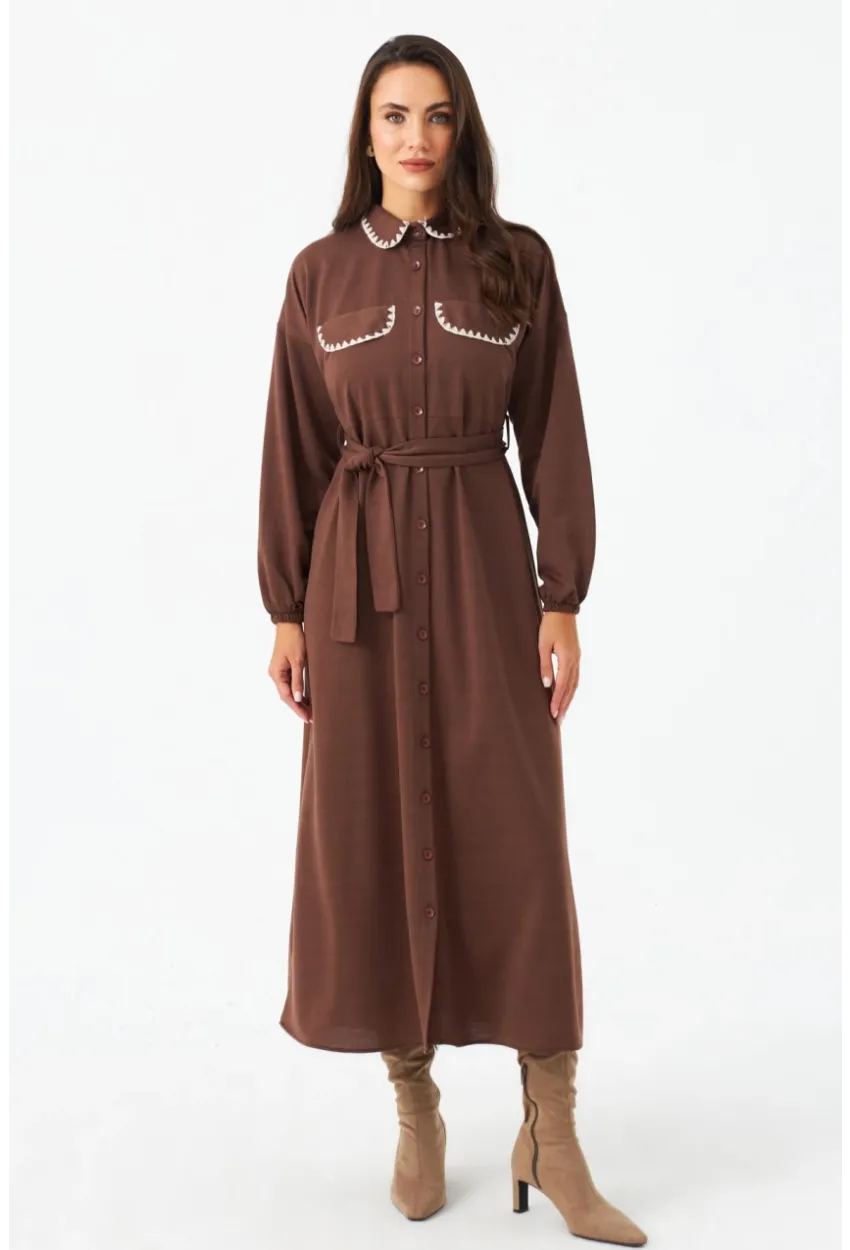 Kadın Taba Kemerli Maxi Gömlek Elbise MASF17