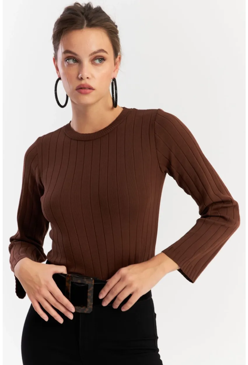 Kadın Taba Kısa Triko Bluz YV290