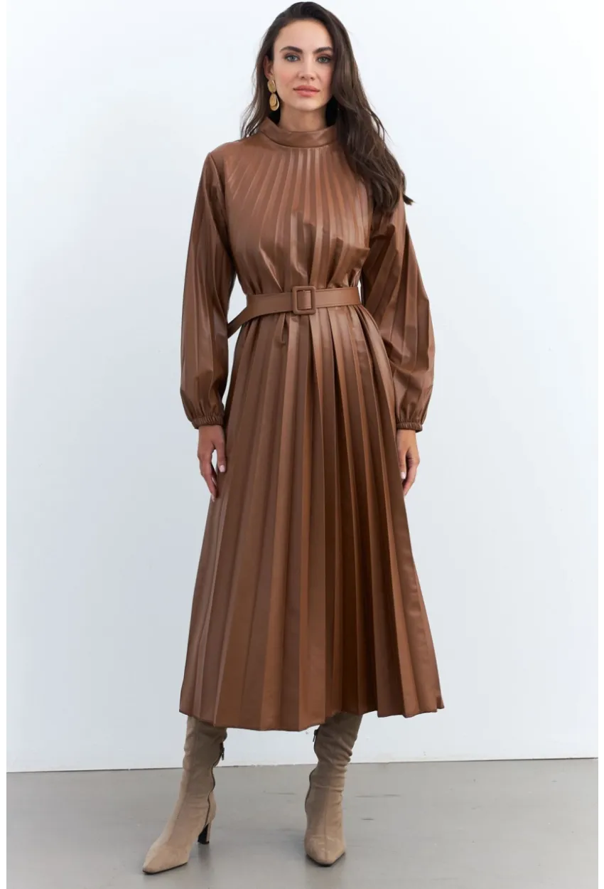 Kadın Taba Pileli Kemerli Maxi Elbise MALZ99