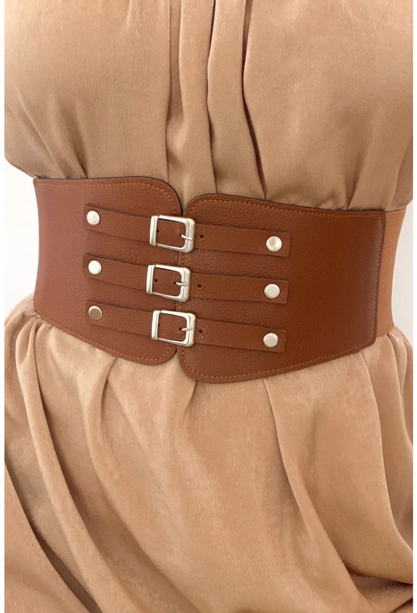 Kadın Taba Üç Tokalı Lastikli Korse Kemer BE642