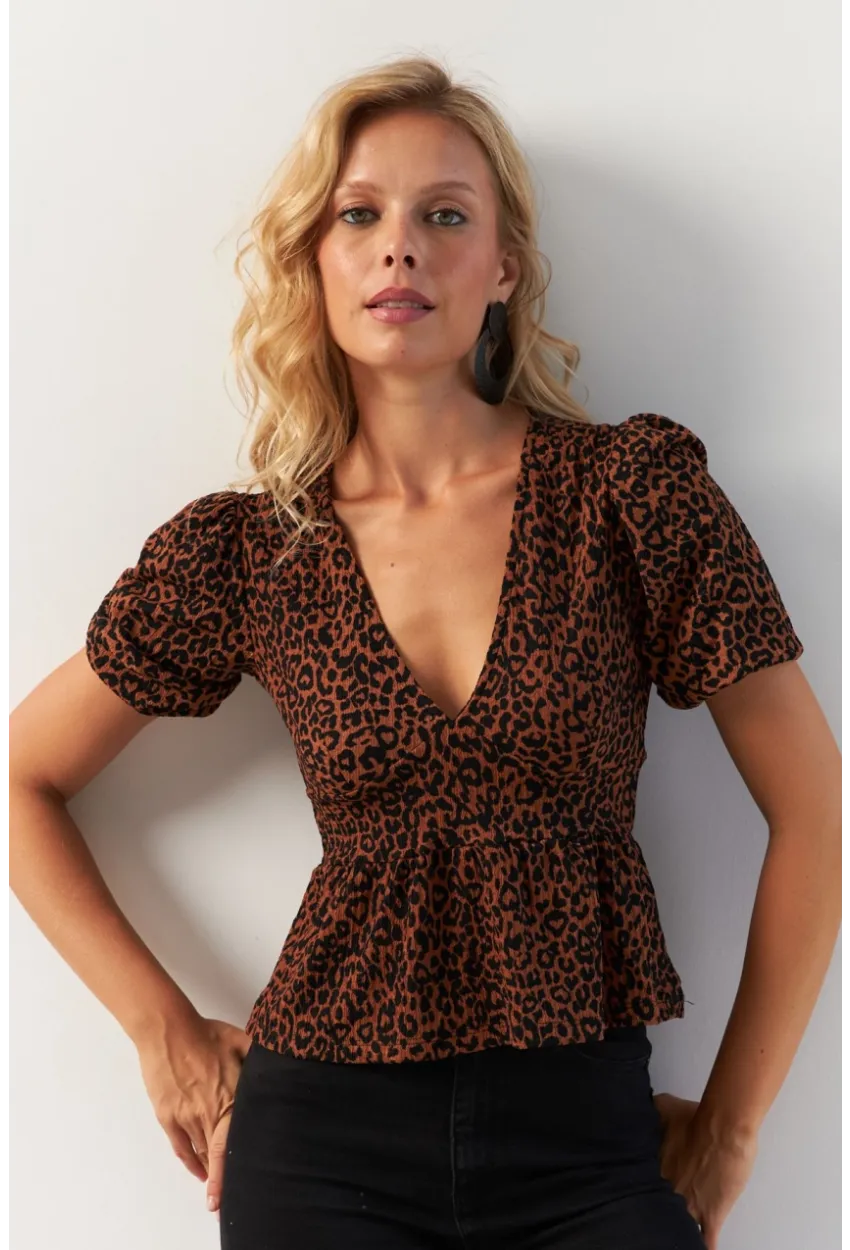 Kadın Taba V Yaka Desenli Bluz KAZ21