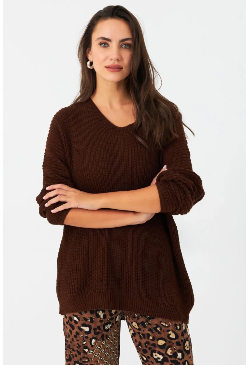 Kadın Tarçın V Yaka Salaş Triko Bluz SMT158