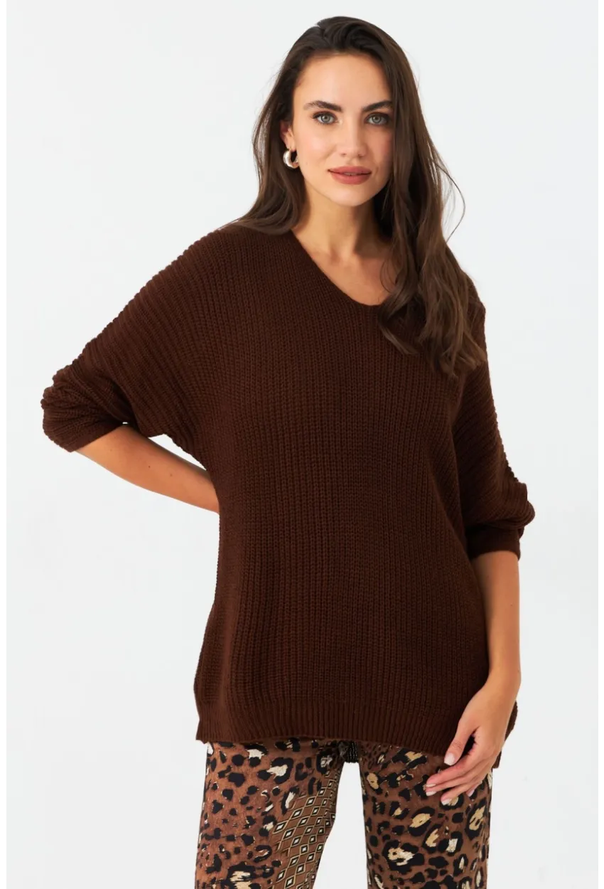 Kadın Tarçın V Yaka Salaş Triko Bluz SMT158