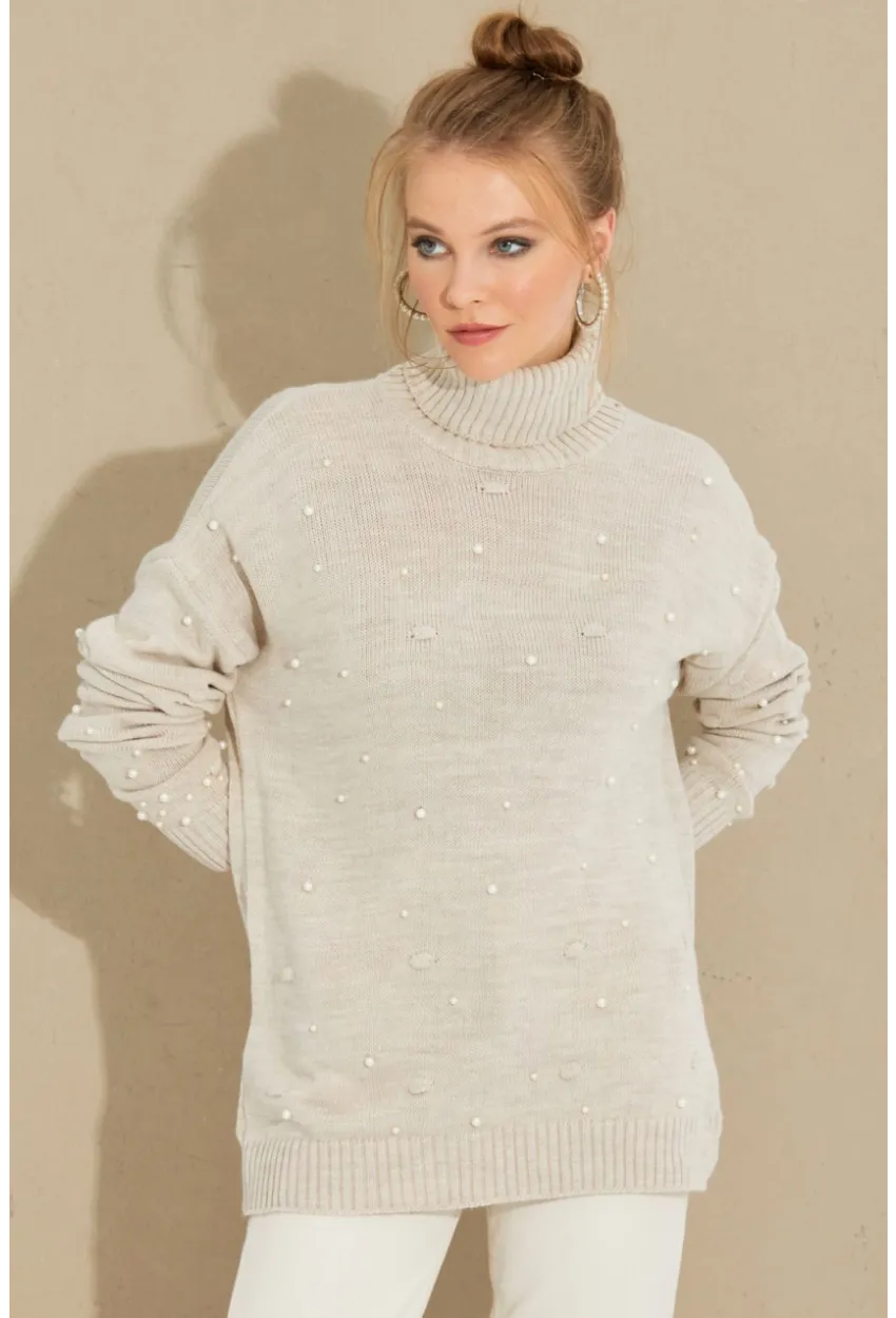 Kadın Taş Balıkçı Yaka İncili Triko Kazak MSS129