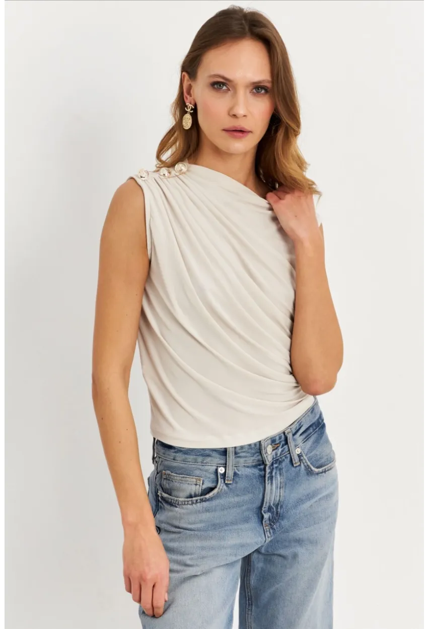 Kadın Taş Düğme Detaylı Büzgülü Bluz LPP1205-1