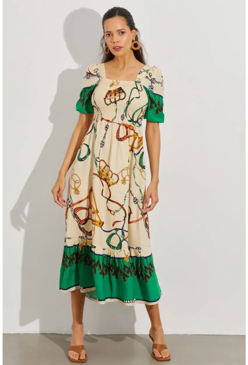 Kadın Taş Gipeli Kare Yaka Midi Elbise ÖM167