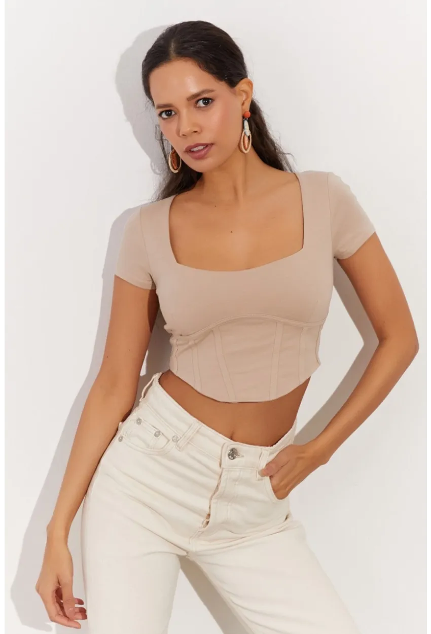 Kadın Taş Kare Yaka Crop Bluz RX420