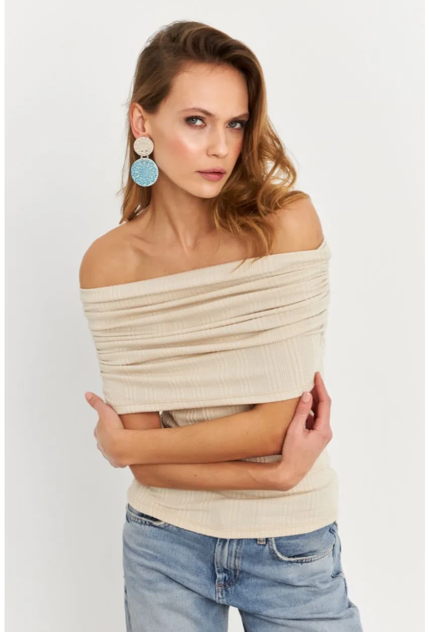 Kadın Taş Kolsuz Madonna Yaka Bluz TF51