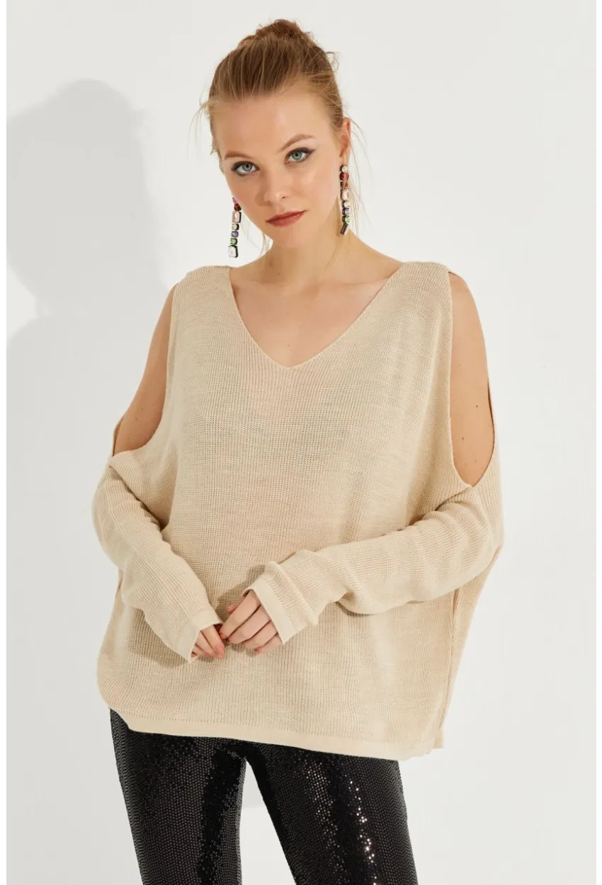 Kadın Taş Kolu Yırtmaçlı Triko Bluz SMT221