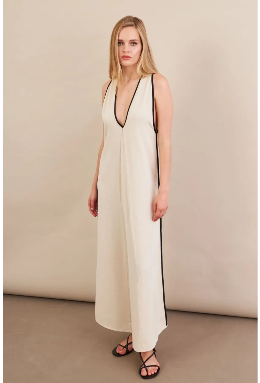 Kadın Taş Kontrast Çizgili Maxi Keten Elbise MSİ101