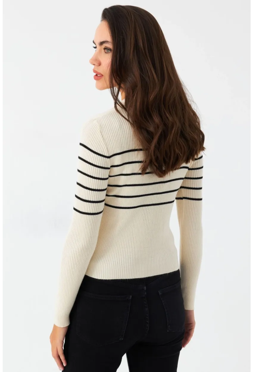 Kadın Taş Polo Yaka Çizgili Triko Bluz MK65