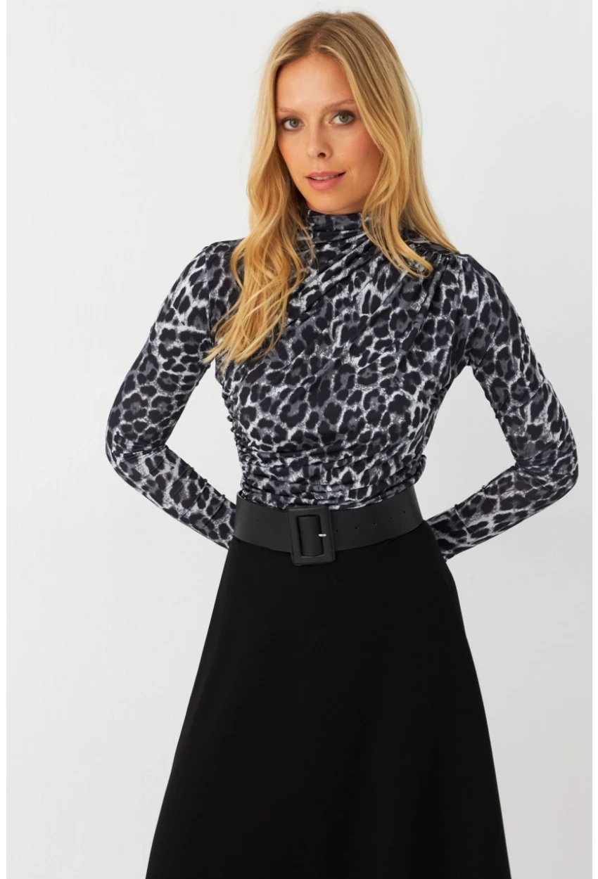 Kadın Taş-Siyah Büzgülü Desenli Bluz MDMR358-1