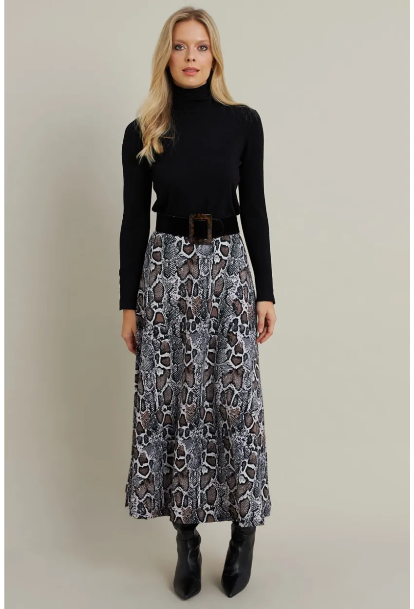 Kadın Taş-Siyah Desenli Çan Etek LON3007