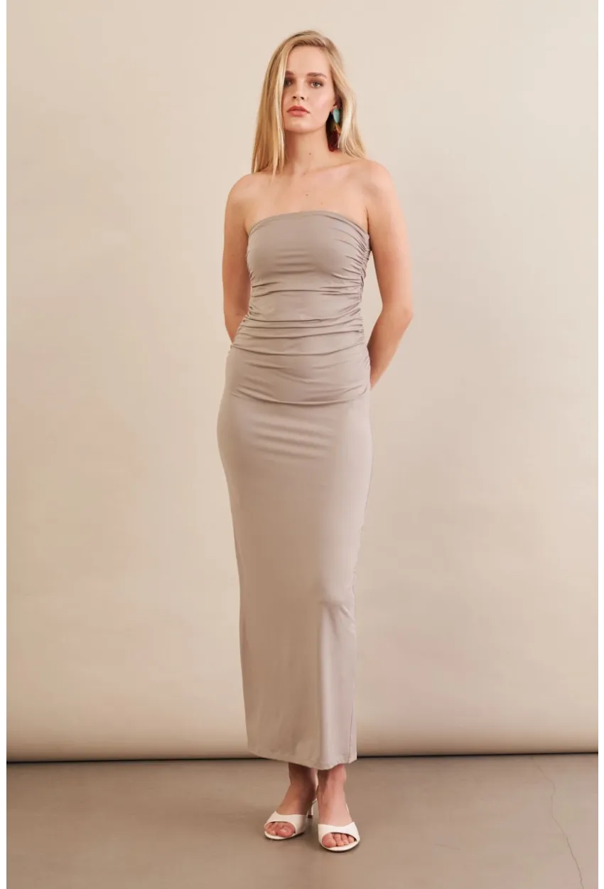Kadın Taş Straplez Büzgülü Midi Elbise MX2005