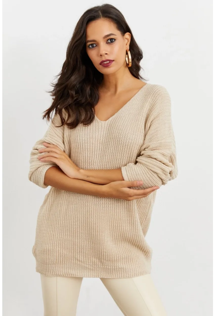 Kadın Taş V Yaka Salaş Triko Tunik SMT158