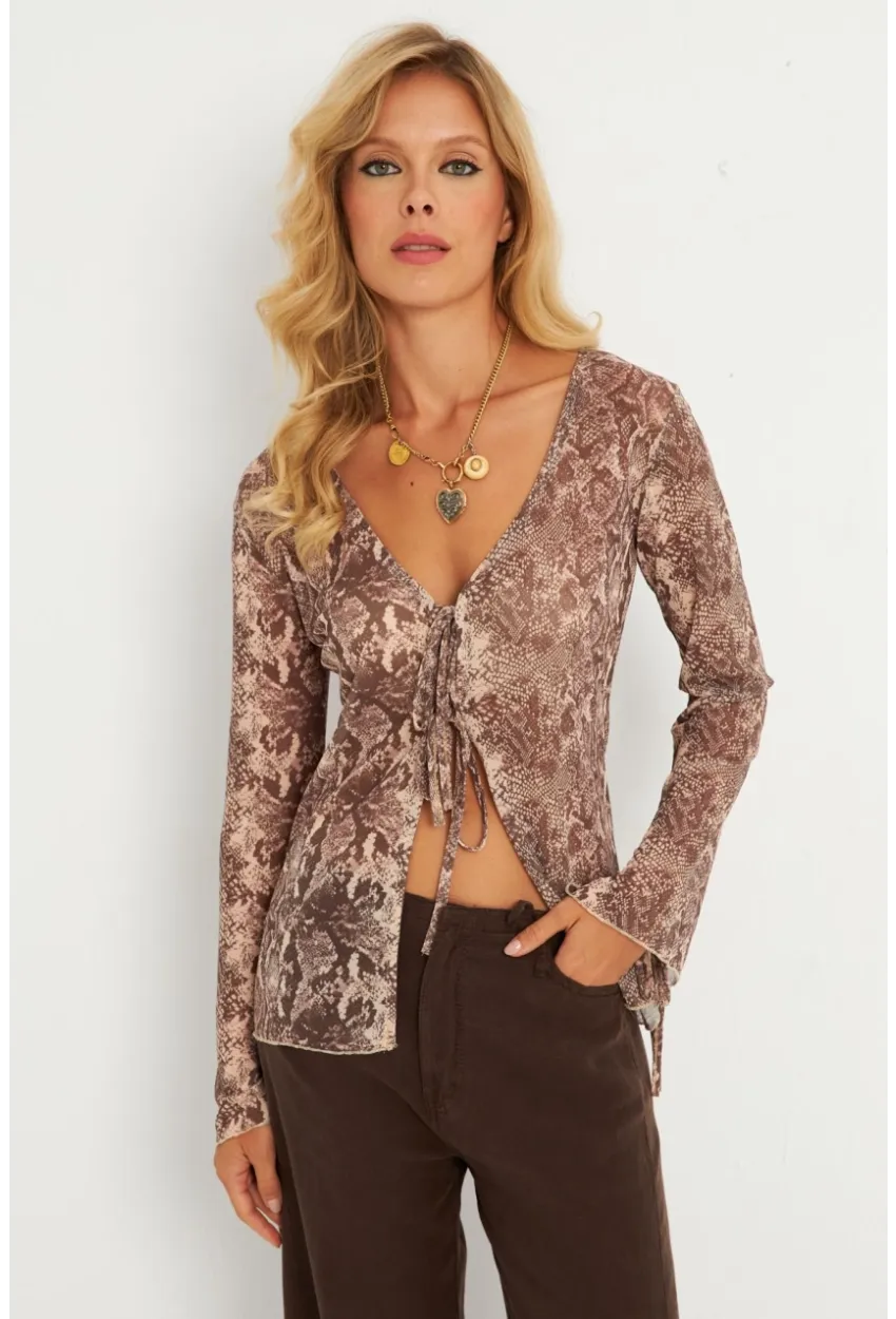 Kadın Taş Yılan Desenli Tül  Bluz GÇ175
