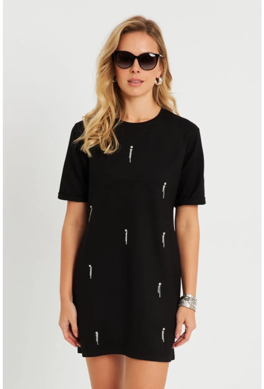 Kadın Taşlı Mini Elbise Siyah ST831