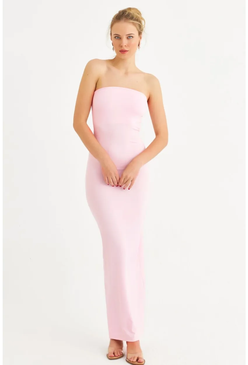 Kadın Toz Pembe Straplez Yırtmaçlı Midi Elbise XC005