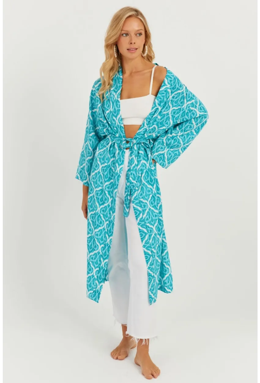 Kadın Turkuaz Desenli Kimono GÇ155
