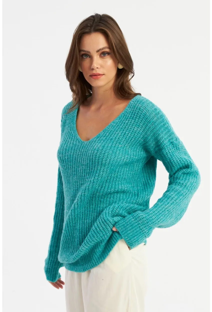 Kadın Turkuaz Triko Uzun Bluz YİL556