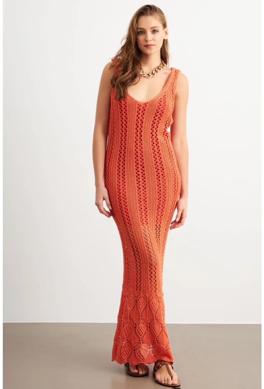 Kadın Turuncu Astarlı Ajurlu Maxi Elbise MBE15001