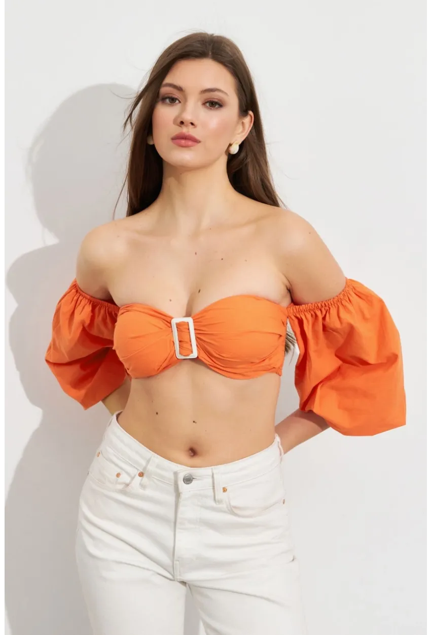 Kadın Turuncu Balon Kol Crop Bluz ROP111