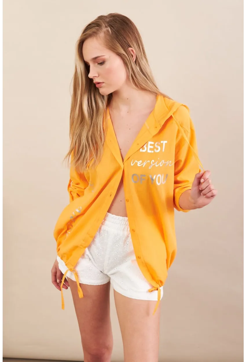 Kadın Turuncu Baskılı Kapüşonlu Gömlek MPC308