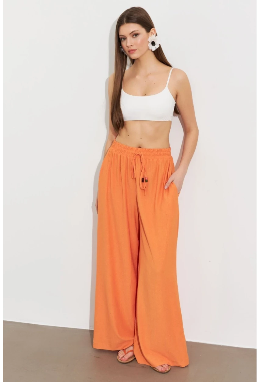 Kadın Turuncu Beli Lastikli Bürümcük Pantolon ROP105
