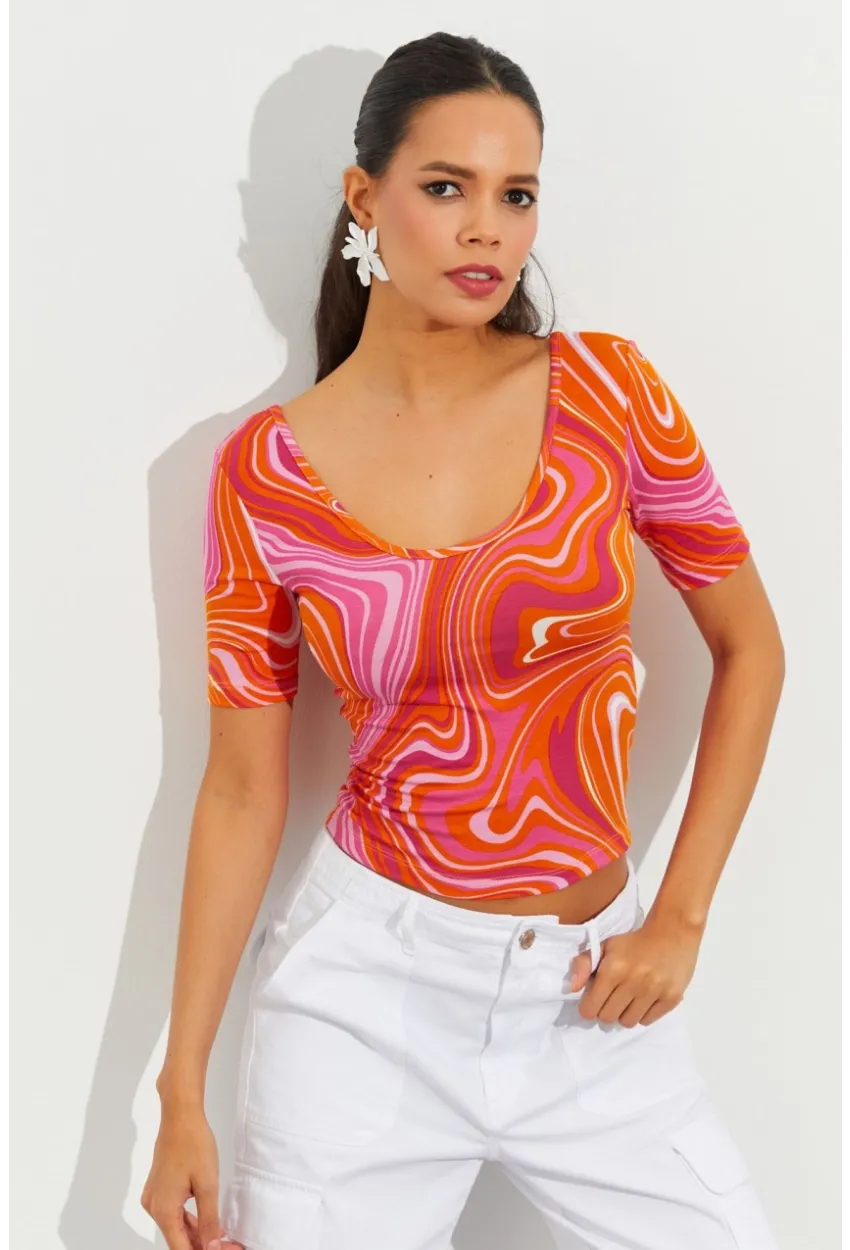 Kadın Turuncu Desenli Bluz LPP1224