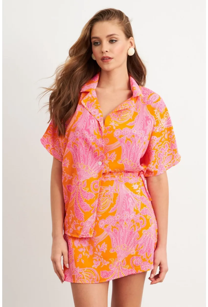 Kadın Turuncu Desenli Gömlek Şort Takım Q1007