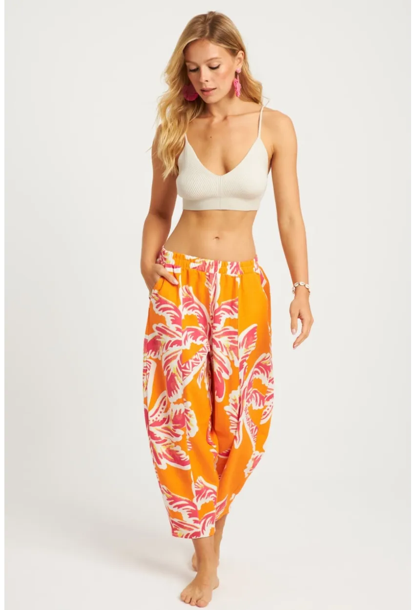 Kadın Turuncu Desenli Keten Şalvar Pantolon K1253