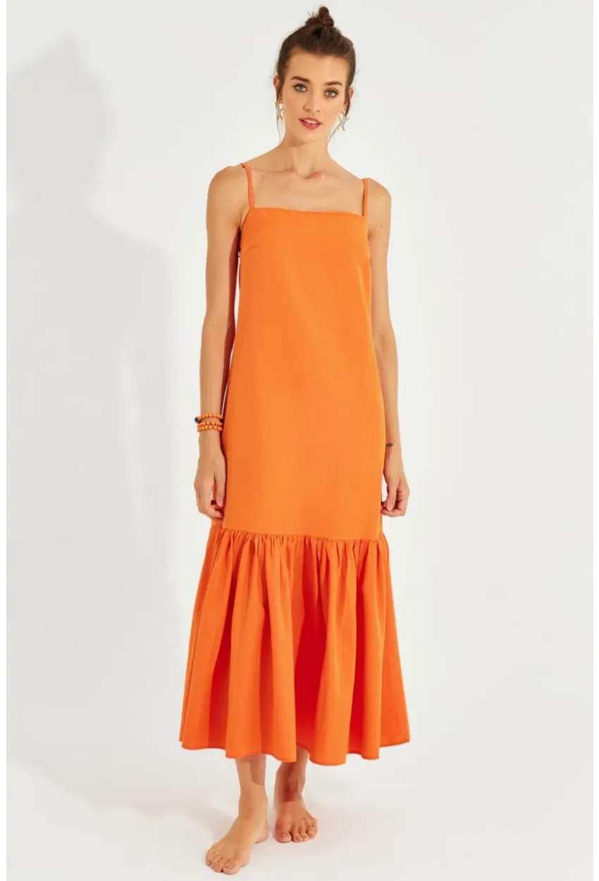 Kadın Turuncu Eteği Volanlı Askılı Midi Elbise MEN2001