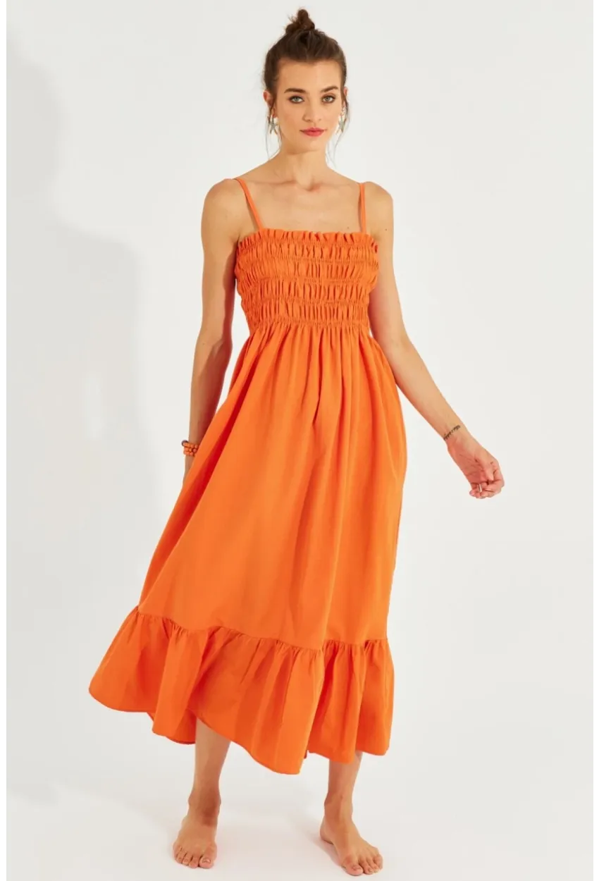 Kadın Turuncu Gipeli Askılı Midi Elbise MEN2000