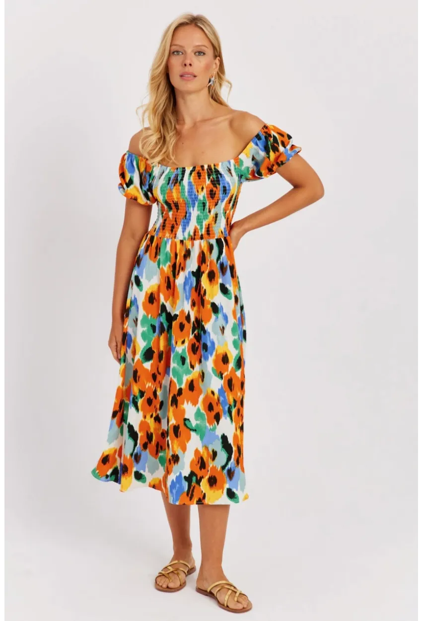 Kadın Turuncu Gipeli Desenli Midi Elbise MON126