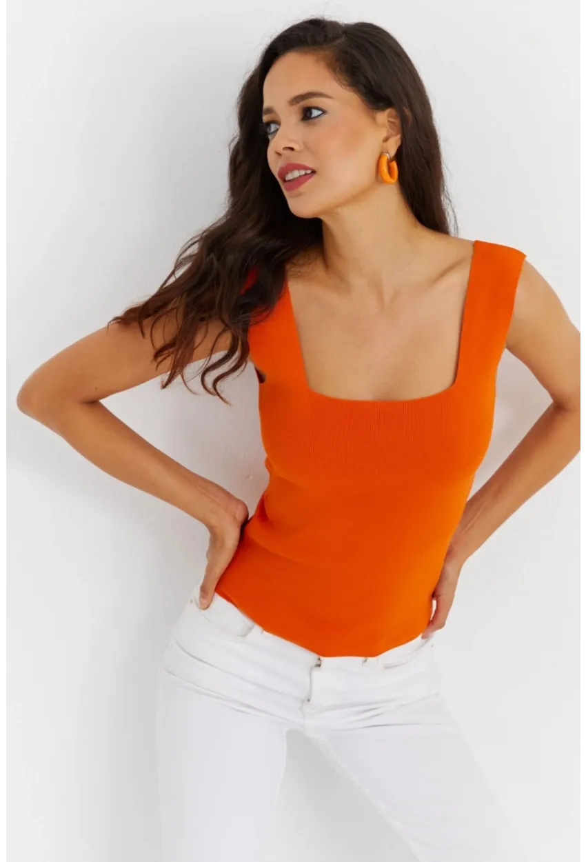 Kadın Turuncu Kare Yaka Triko Bluz YV87