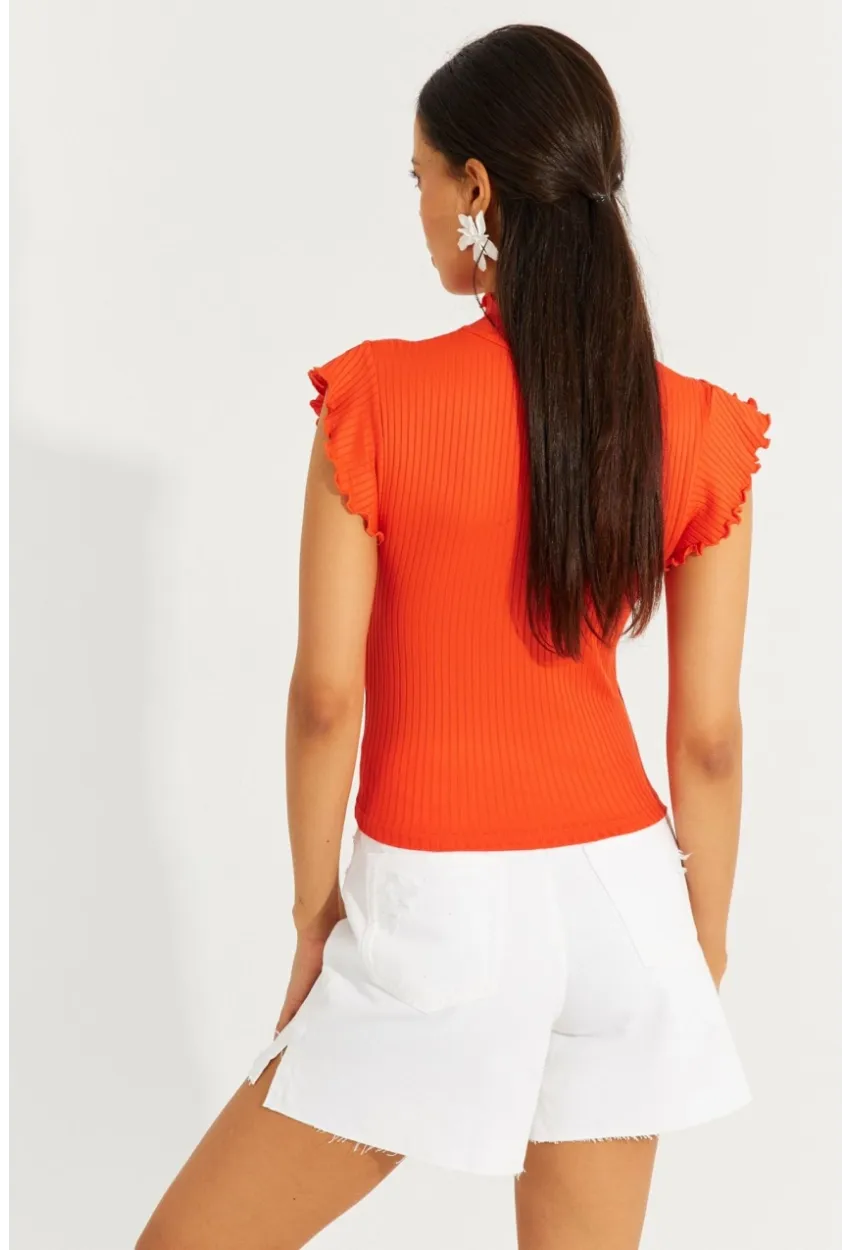 Kadın Turuncu Kolları Fırfırlı Fitilli Bluz TH1092