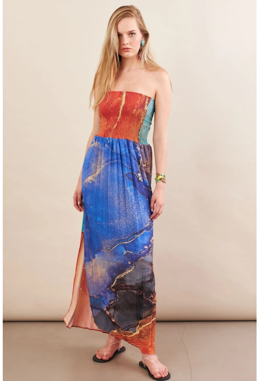 Kadın Turuncu-Mavi Straplez Pilise Uzun Elbise MSİ100