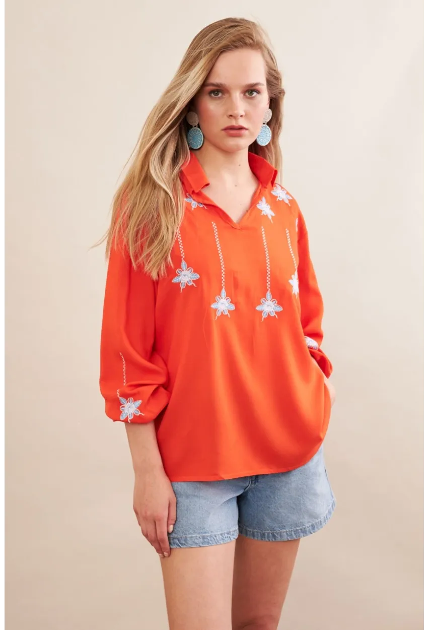 Kadın Turuncu Nakışlı Bluz MPC1345