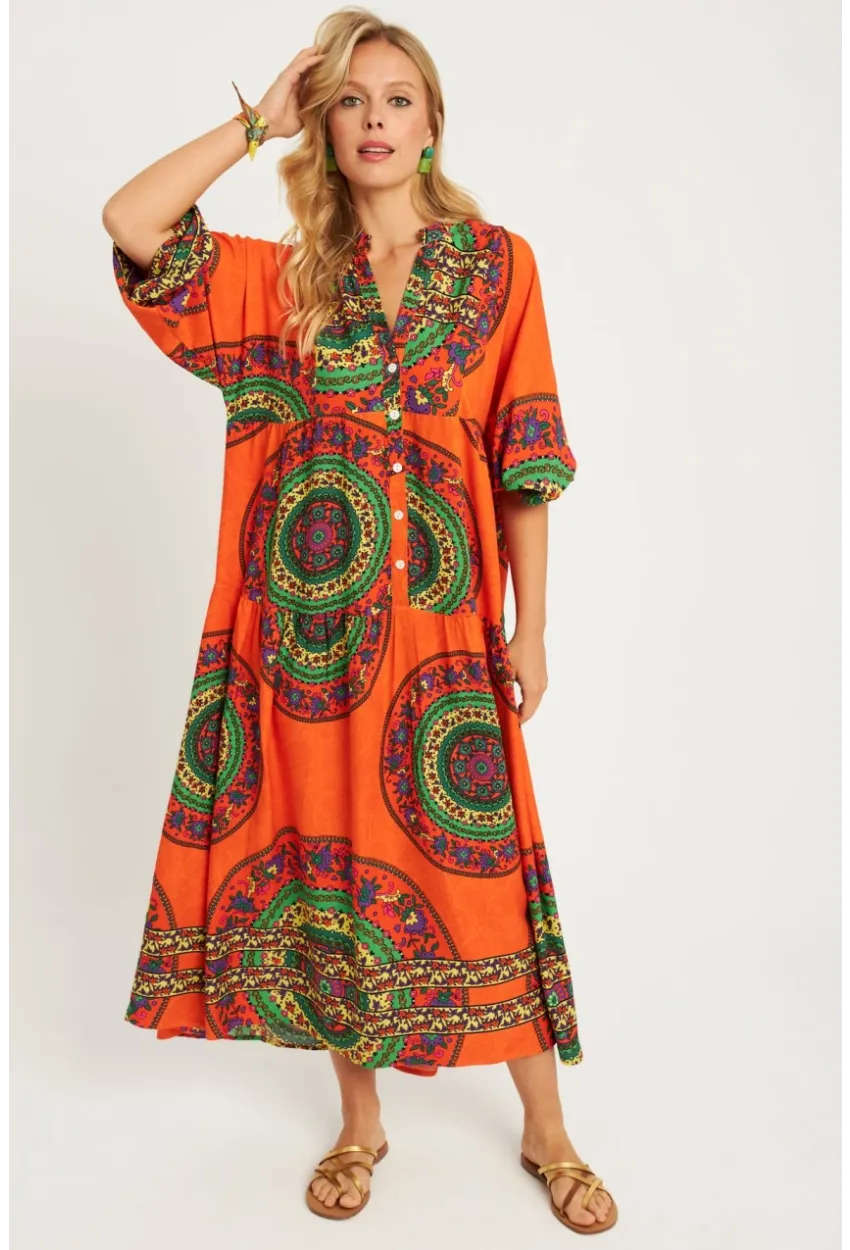 Kadın Turuncu-Yeşil Desenli Midi Elbise MGÇ169
