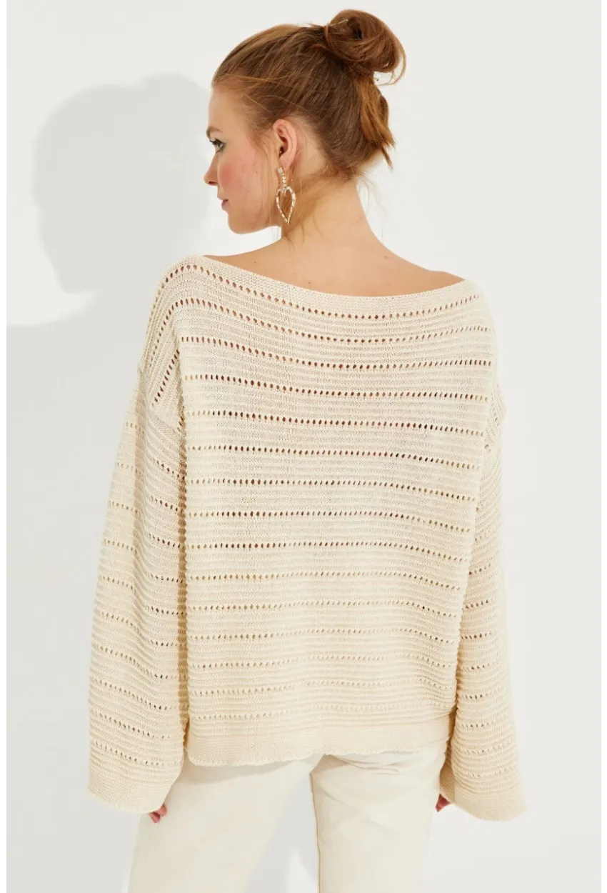 Kadın Vanilya Ajurlu Triko Bluz YV213