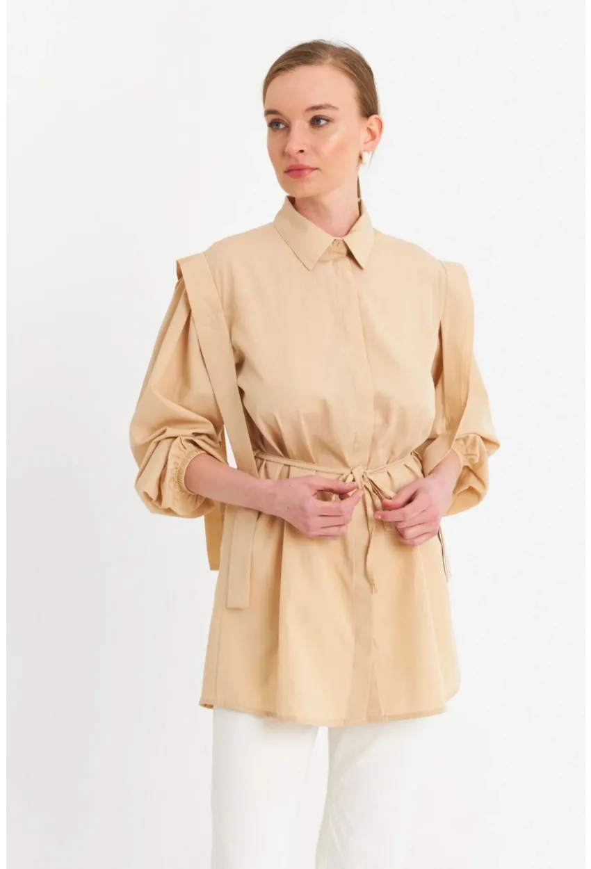 Kadın Vanilya Bağlama Detaylı Basic Gömlek MASF185
