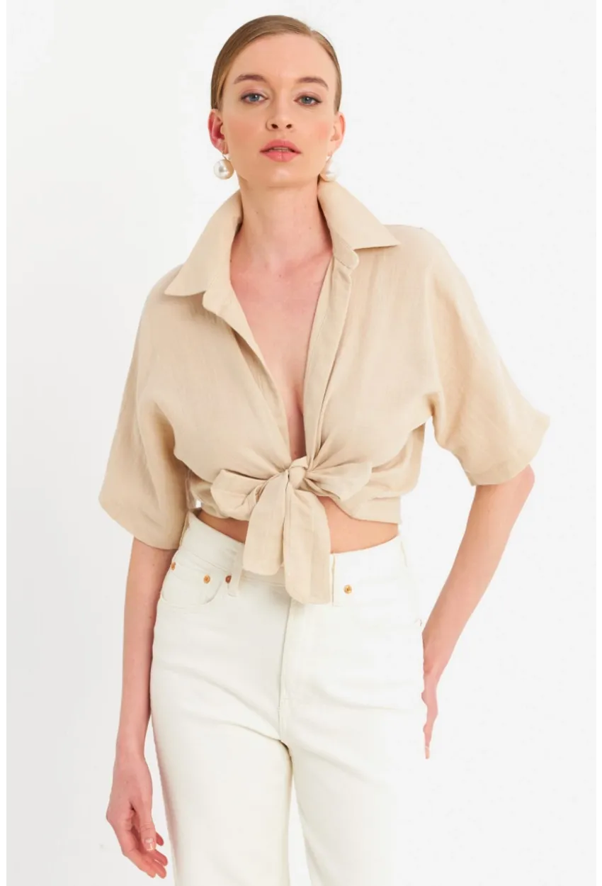 Kadın Vanilya Bağlamalı Keten Bluz BTH16