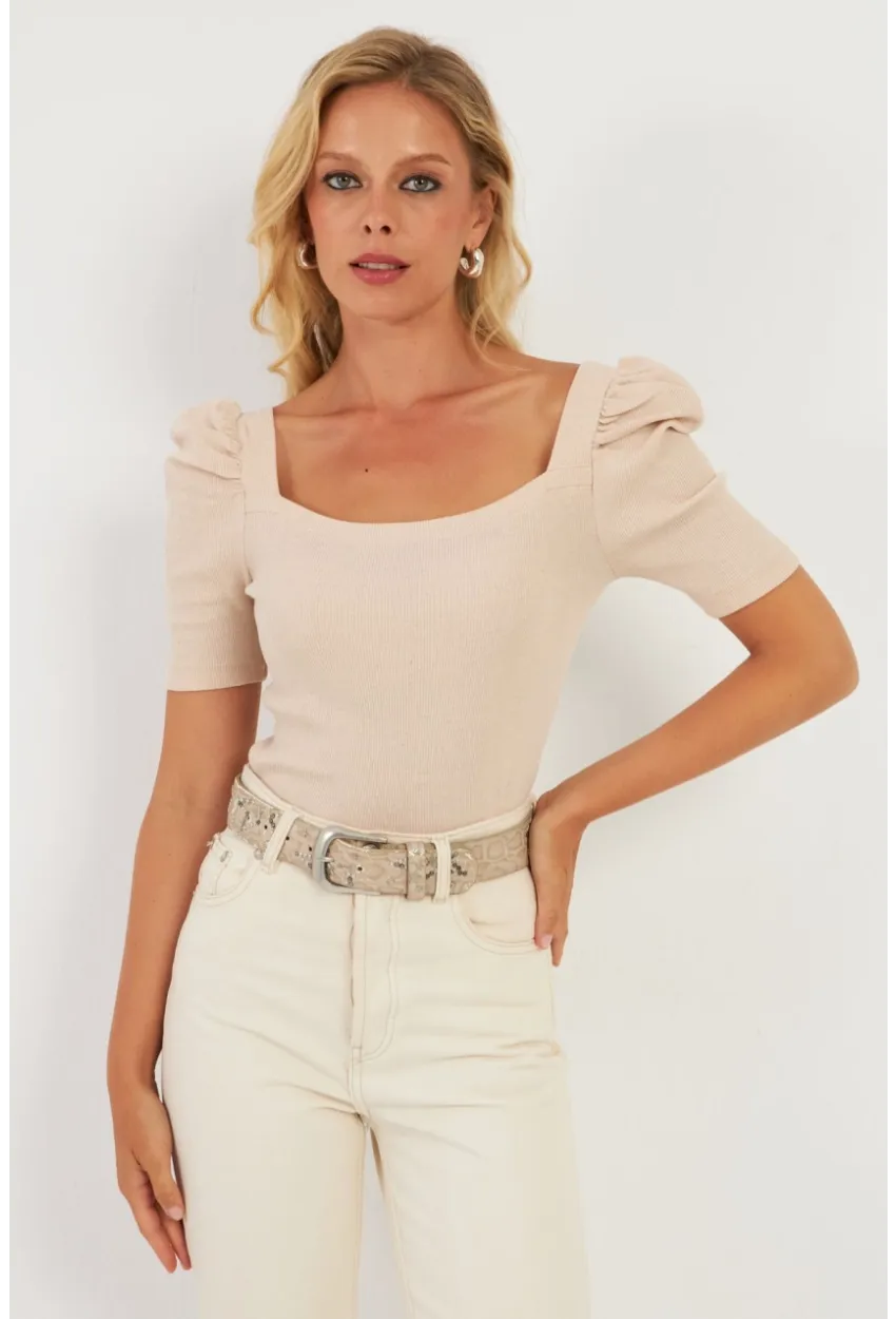 Kadın Vanilya Balon Kol Kaşkorse Bluz XL2019