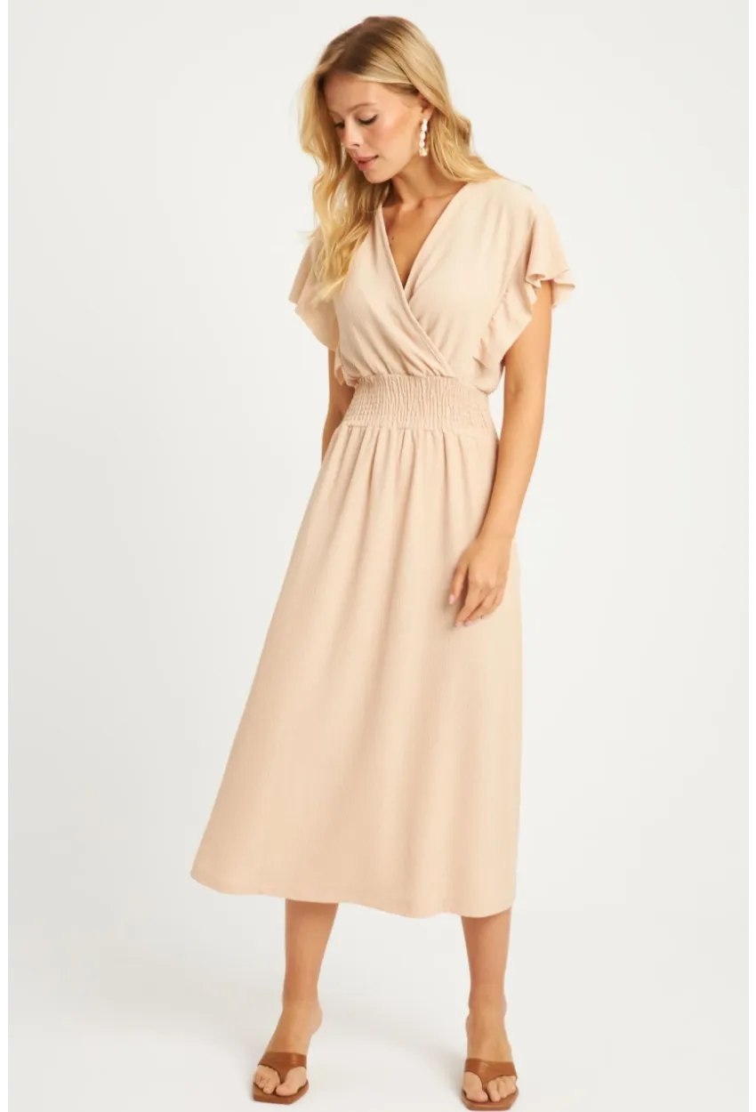 Kadın Vanilya Bürümcük Kruvaze Midi Elbise XL2008