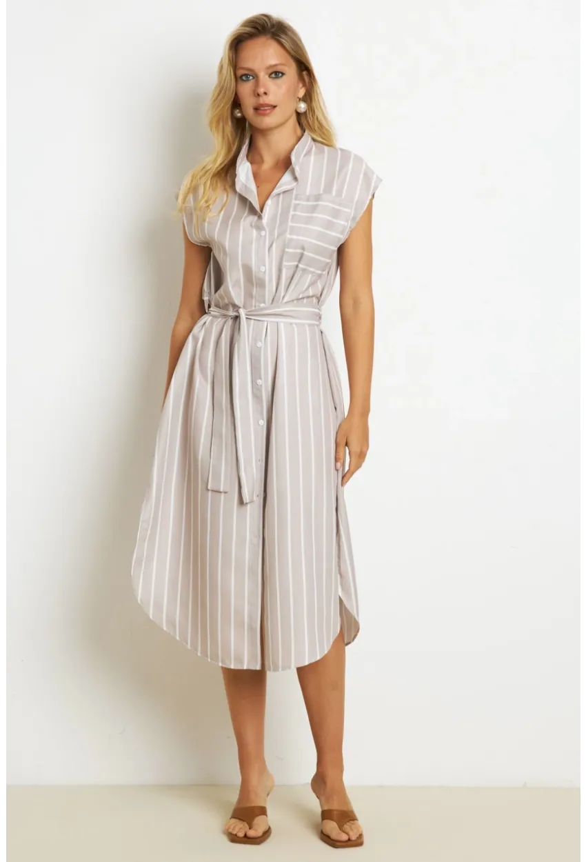 Kadın Vanilya Çizgili Midi Gömlek Elbise SF1000